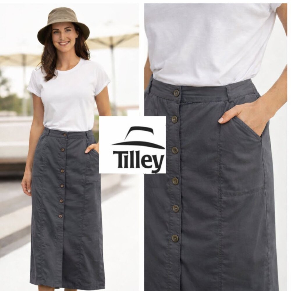Tilley Grey Button-Front Midi Skirt Nylon Size 12